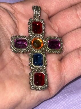 Multi-Gem Cross Pendant Necklace - Colorful Stone Accent